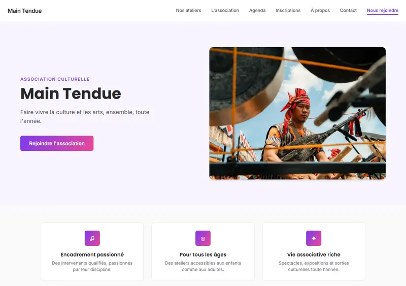 Aperçu du modèle de site Association culturelle / artistique
