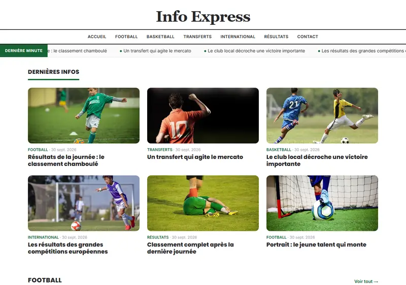 Aperçu du modèle de site Portail d'actualités sportives