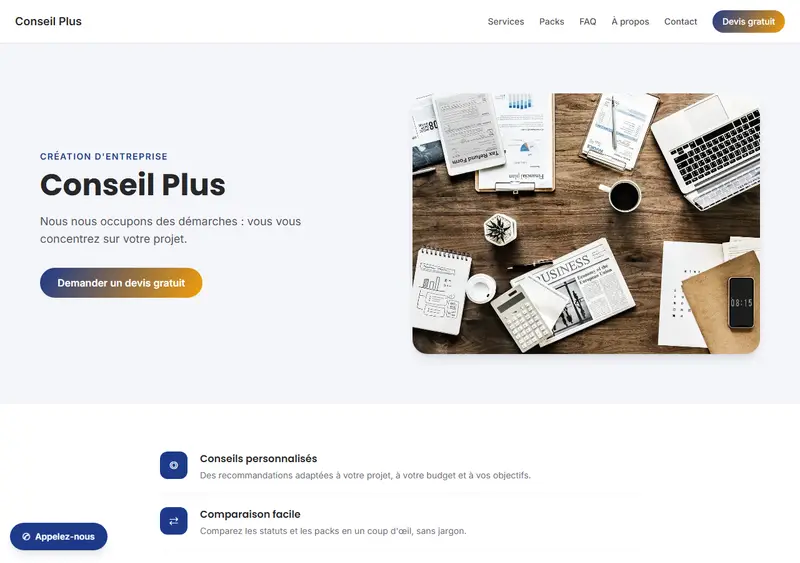 Aperçu du modèle de site Services aux entreprises — Création de société