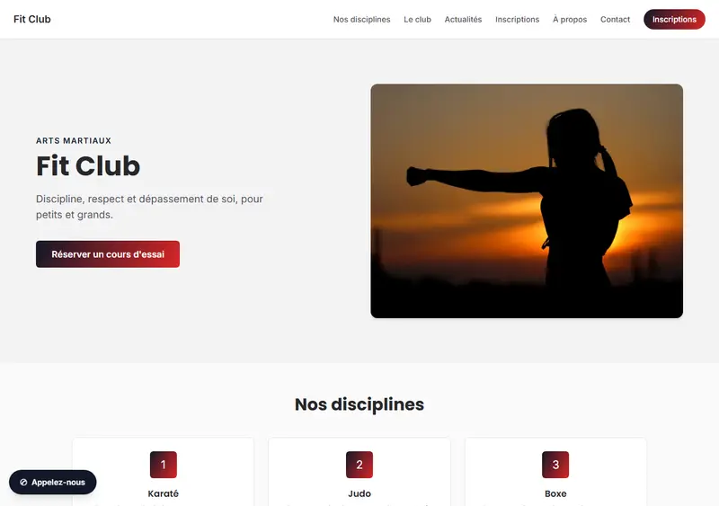 Aperçu du modèle de site Club d'arts martiaux