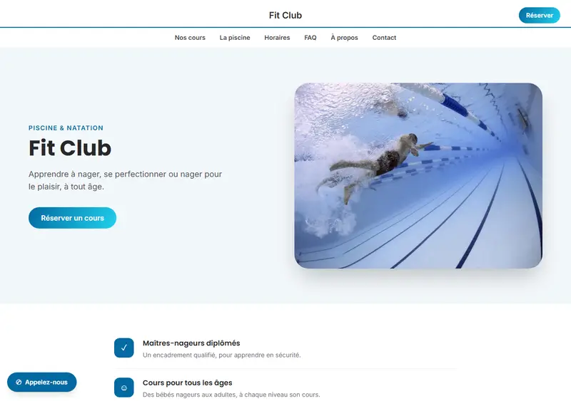 Aperçu du modèle de site Piscine / École de natation