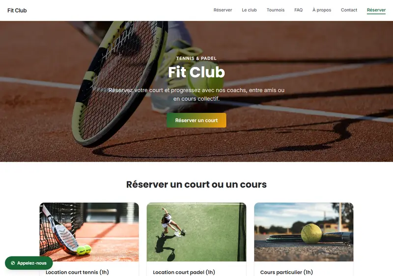 Aperçu du modèle de site Club de tennis / padel