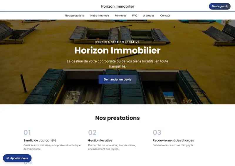 Aperçu du modèle de site Syndic de copropriété / gestion locative